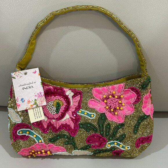 Handcrafted in India Handbags - Beaded Bag Vibrant Floral Gold Hot Pink Tropical Colorful Flowers Made in India